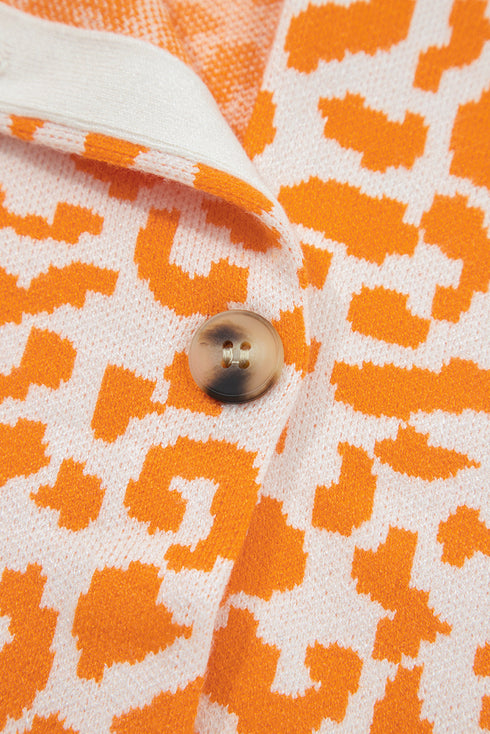 Chunky Leopard Jacquard Contrast Rib Button Front Drop Shoulder Cardigan